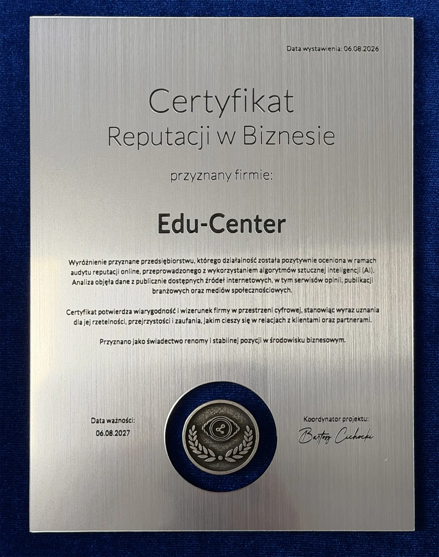 Certyfikat Reputacji w Biznesie 2026 dla EDU-CENTER!