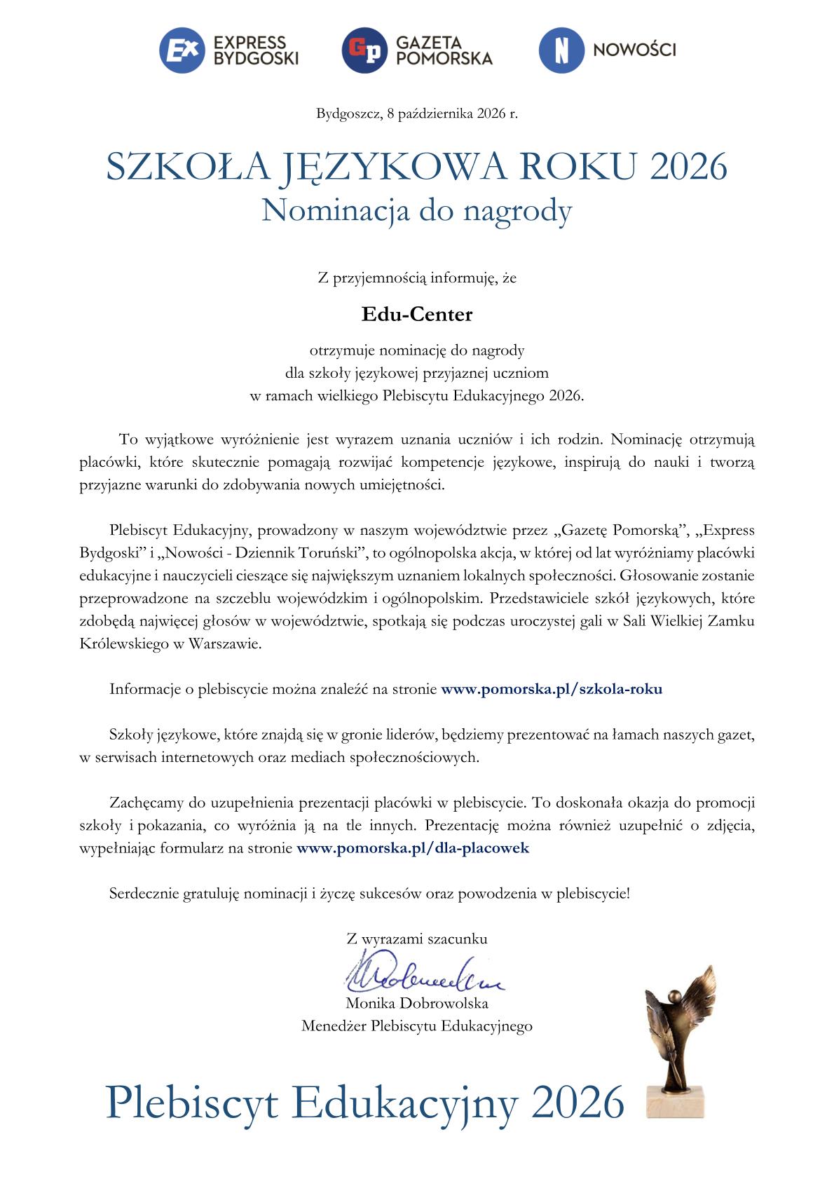 Edu-Center nominowane do tytułu SZKOŁA JĘZYKOWA ROKU 2026!